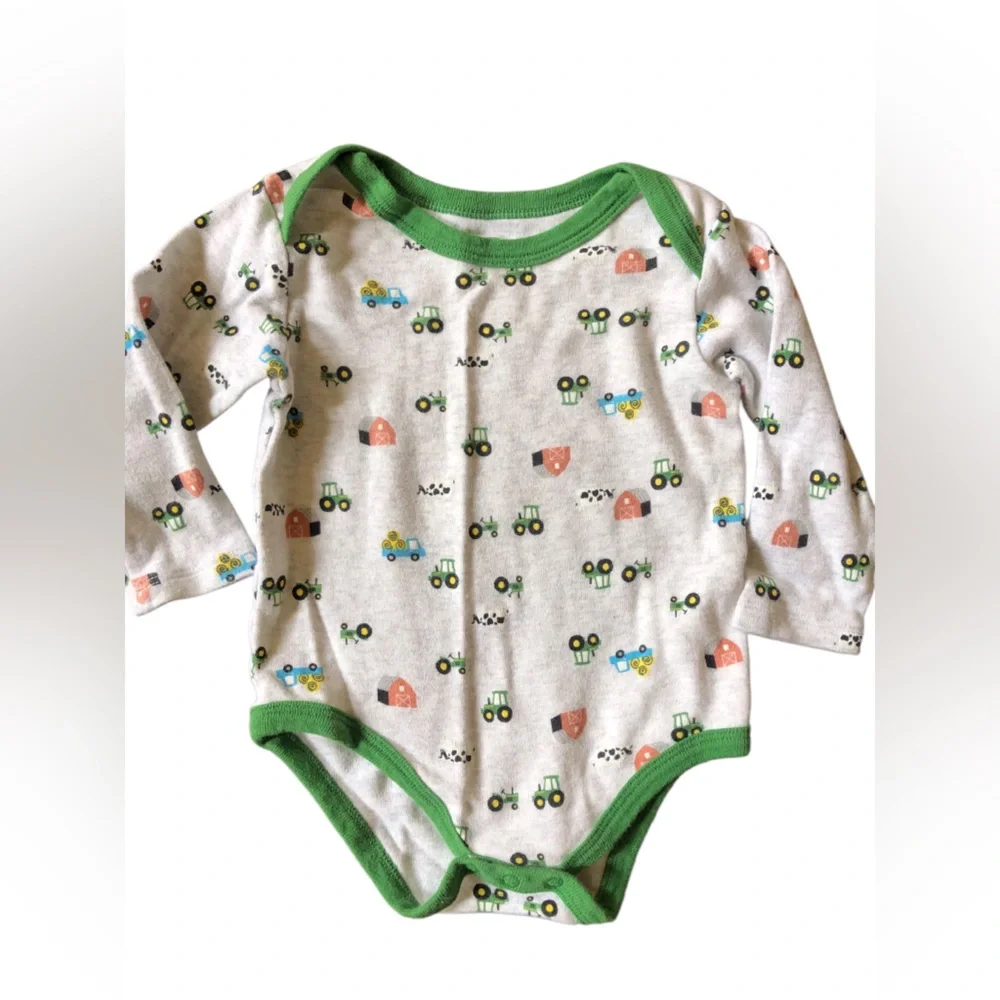 4/$20 John Deere Long Sleeve Grey & Green Farm Tractor Onesie Sz 9-12 Mo